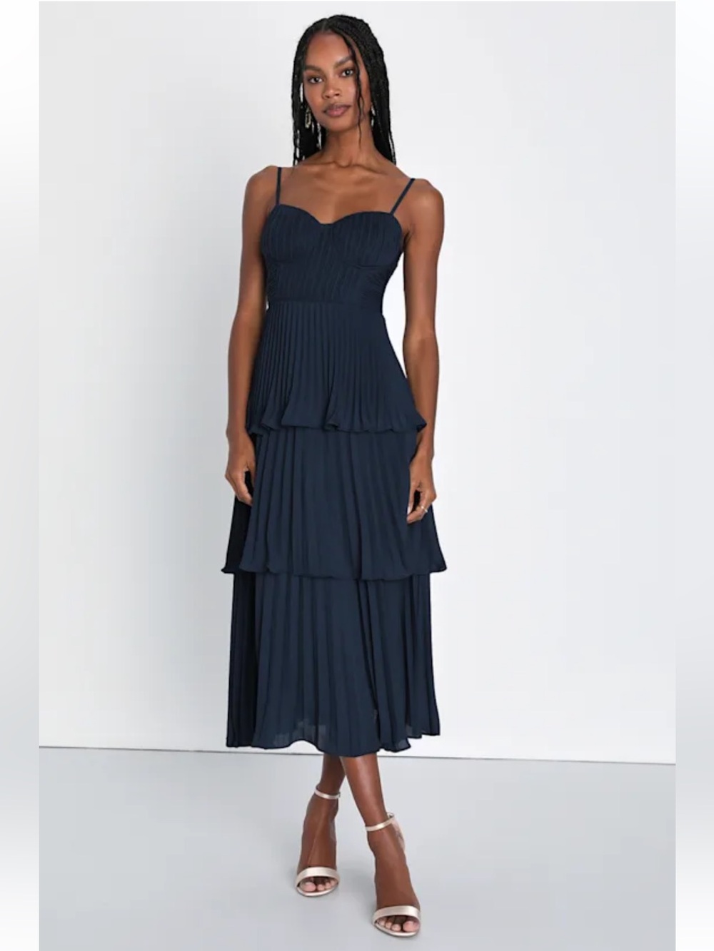 Cascading Crush Navy Blue Tiered Bustier Midi Dress